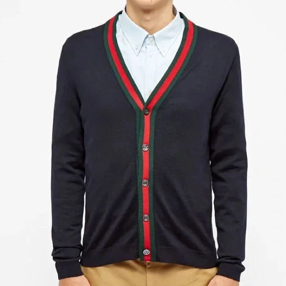 Men's Gucci 100% Lana Wool V-neck Sweater with Web designed. Size XL